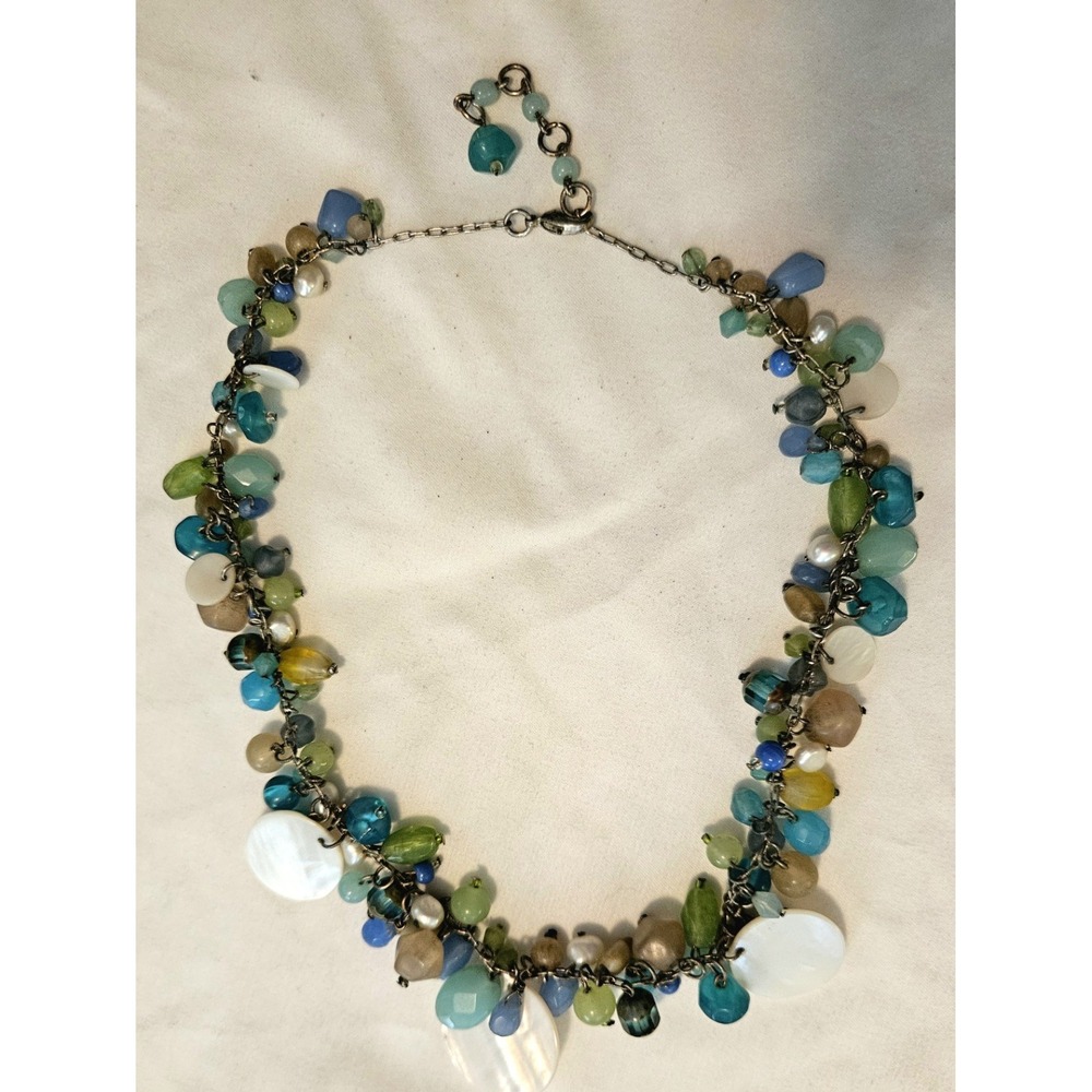 Vintage Chalcedony Pearl Shell Necklace Blue Green In Silver Tone 16" To 18"
